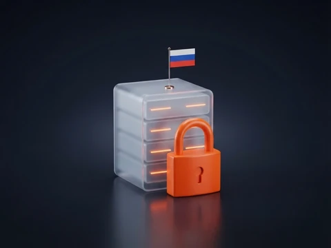 Замок и серверная стойка с флажком России